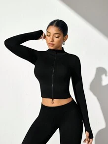 Easithlete 女士纯色前拉链长袖休闲无缝拉链夹克 - 黑色 - 查看 5