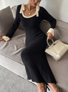 SHEIN Frenchy Women' Color Block Trim Knot Bowknot Detailed Elegant Black Long Sleeve Sweater Dress,Elegant Women Dresses,French Clashing Bowknot Black Square Neck Long Sleeve Sweater Dresses,Fall Women Dresses