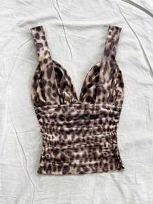 Soleia Vrouwen Plus Size Vintage Leopard Print Camisole Tank Top Met Gerimpelde Taille, Geschikt Voor Herfst/Wintervakantie