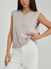 SHEIN PETITE Women's Spring & Autumn Casual Split Back Tie Knit Sweater Vest, Fall Clothes - Khaki - View 4