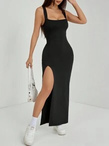 SHEIN PETITE Women's Solid Color Sleeveless Square Neck Split Thigh Long Bodycon Dress - Black - View 8