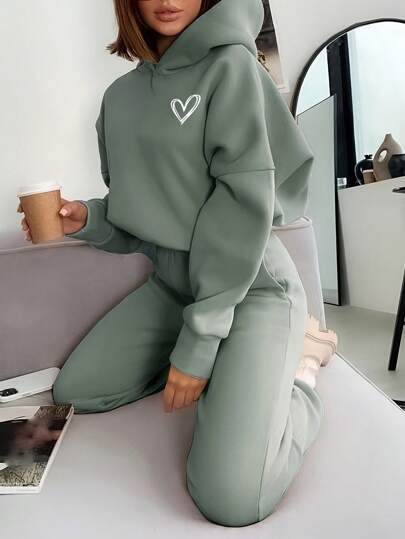INAWLY 2 peças/conjunto feminino coração estampado manga comprida cropped moletom com capuz e cordão na cintura bolsos calças jogger moletom