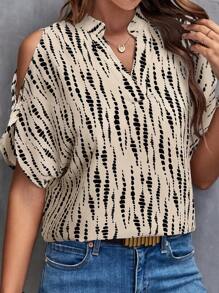 SHEIN LUNE Camisa de mujer casual con patrón geométrico y hombros abiertos, manga dividida, adecuada para atuendos de verano para ir al trabajo - Multicolor - Ver 5