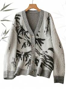 SHEIN LUNE Women Plus Size Black Knit Jacquard Minimalist Cardigan Sweater,Autumn Smart Casual Concert Style,Solid Color For Winter,Halloween,Christmas,Gala - Black and White - View 1