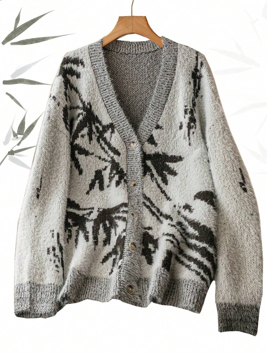 SHEIN LUNE Women Plus Size Black Knit Jacquard Minimalist Cardigan Sweater,Autumn Smart Casual Concert Style,Solid Color For Winter,Halloween,Christmas,Gala - Black and White - View 1