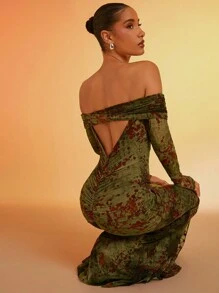 Hauture Twist Detail Off Shoulder Mermaid Hem Dress - Green - View 3