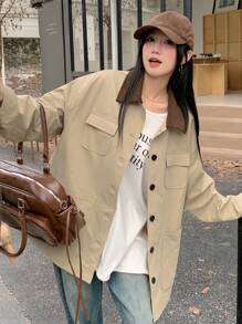 DAZY Women's Polo Collar Contrast Color Trench Coat, Solid Color Women Jacket,Fall Women Clothes - Khaki - View 3