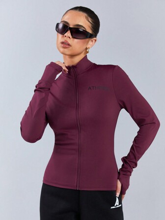 Athîral Women's Stand Collar Zip Fitted Solid Sports Burgundy Color Jacket