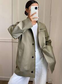 Livesso 宽松长袖腰带口袋女式风衣女式夹克，秋季女装 - 綠色 - 查看 6