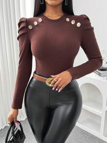 SHEIN Clasi Women's Crew Neck Raglan Sleeve Metal Button Decor Fitted Basic T-Shirt, Coffee, Regular Fit, Autumn/Winter Fall Cloth For Women - Coffee Brown - View 1