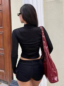 INAWLY 女式短款纽扣设计立领长袖修身 T 恤，秋季