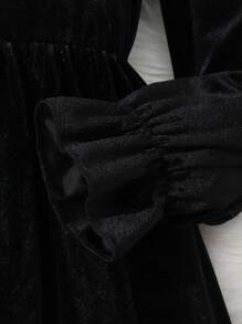 Sparklyn Tween Girl' Velvet Dress, Black With Embroidered Collar, Elegant & Fashionable Party Wear, Autumn/Winter, Cute Color-Block Collar Applique,Holiday,Summer,Travel - Black - View 7