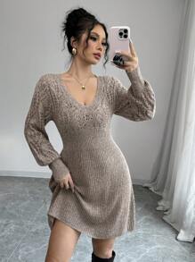 Siren Gaze Women Autumn/Winter Knitted Long Sleeve Sweetheart Neck Short Sweater Dress,Women's Solid Color V Neck Long Sleeve Simple Short Casual Sweater Dress - Apricot - View 1