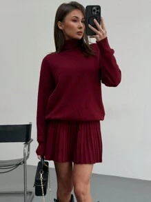 Aloruh 2pcs Women's Set: Wine Red Pleated Skirt + Turtleneck Loose Elegant Sweater For Christmas, New Year, New Year's Eve, Fall And Winter, Elegant,Burgundy