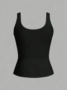 SHEIN PETITE Casual All-Match White Cami Top With Deep U-Neck And Racerback - Black - View 9