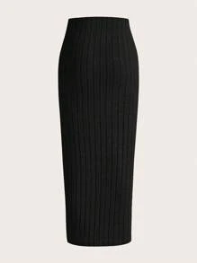 SHEIN Tall CURVE Solid Ribbed Knit Pencil Skirt Simple Fashionable Casual Daily - Black - View 2