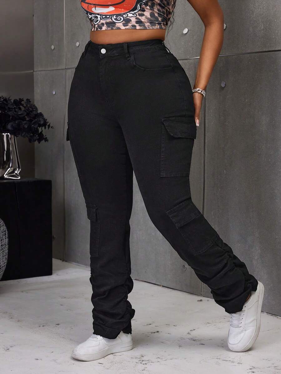 SHEIN ICON Plus Size Women's Casual Multi-Pocket Washed Denim Flare Pants - Black - View 1