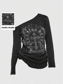 ROMWE Grunge Punk Áo thun nữ Kpop họa tiết cây leo đính đá Y2K cổ điển và họa tiết lễ hội rách vai bất đối xứng - màu đen - Xem 8