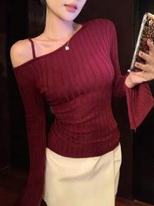 DAZY 女式修身斜肩长袖露肩毛衣秋季 - 紅色 - 查看 1
