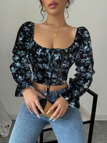 Rafferiza Áo sơ mi nữ cổ vuông tay loe họa tiết hoa màu trắng có dây rút - màu đen - Xem 6