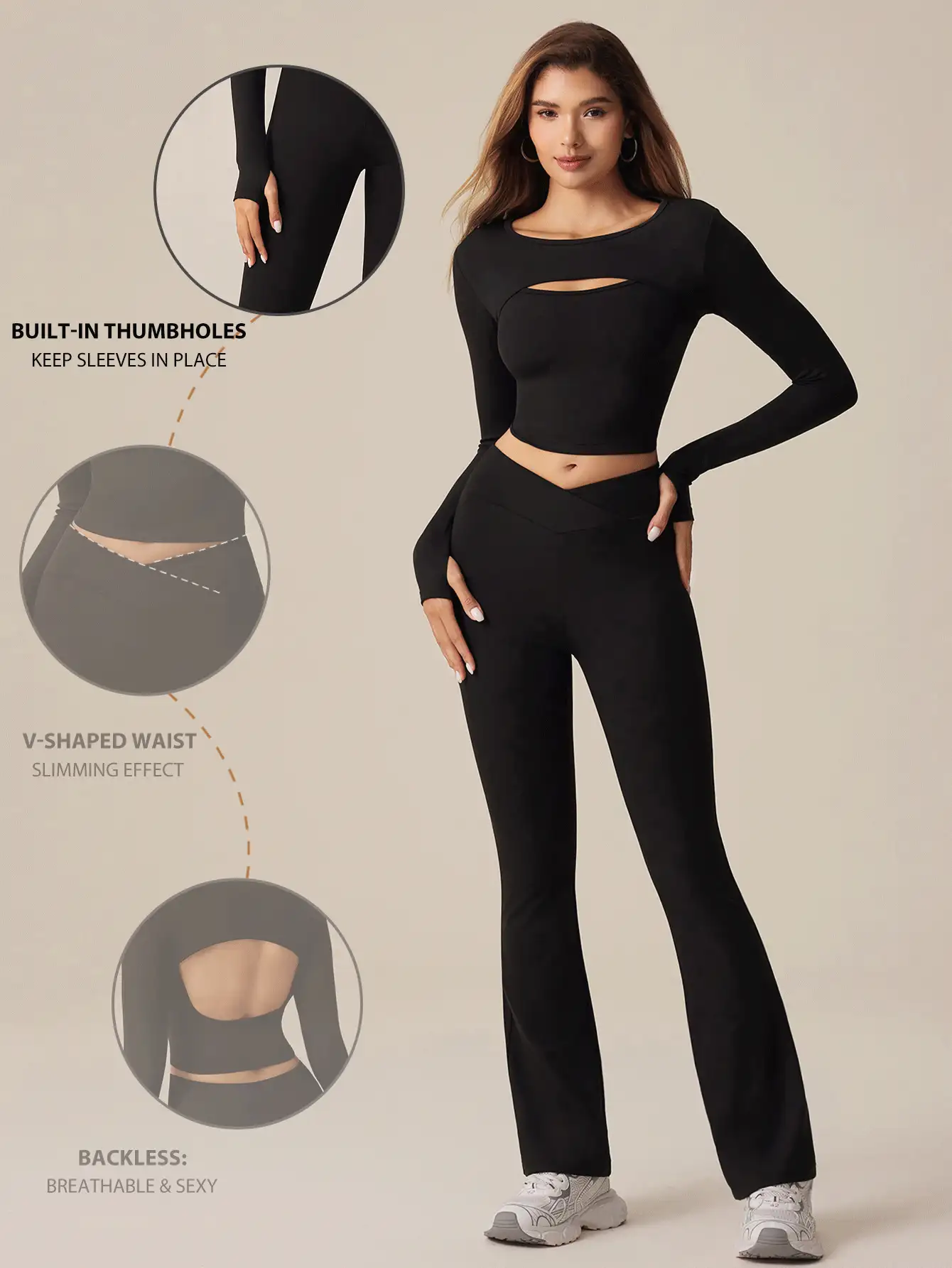 SHEIN Sports Women Solid Color Round Neck Long Sleeve Cutout T-Shirt And Flared Pants Casual Sports Set - Black - View 2