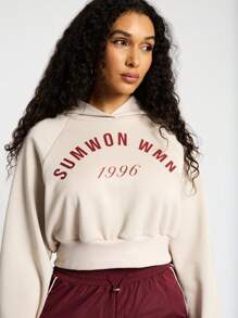 SUMWON WOMEN Premium Cropped 1996 Varsity Hoodie Retro Athleisure Sweatshirt Winter Workout Activewear Casual Athletic Fall Spring