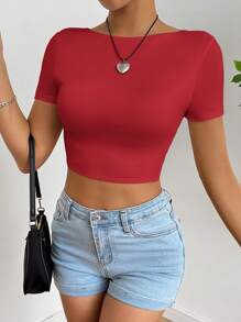 SHEIN EZwear Camiseta de mujer con diseño de vuelta abierta y retorcido, de un solo color, de uso casual y de moda para uso diario - Rojo - Ver 4
