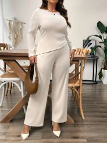 Flirla Plus Size Simple Knitted Ribbed Ruched Asymmetrical Hem Top And Pants 2 Pieces Set, Suitable For Autumn/Winter