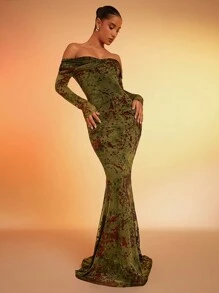 Hauture Twist Detail Off Shoulder Mermaid Hem Dress - Green - View 2