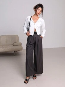 Aloruh Pantalones casuales sencillos de mujer de unicolor con bolsillos - Gris - Ver 5