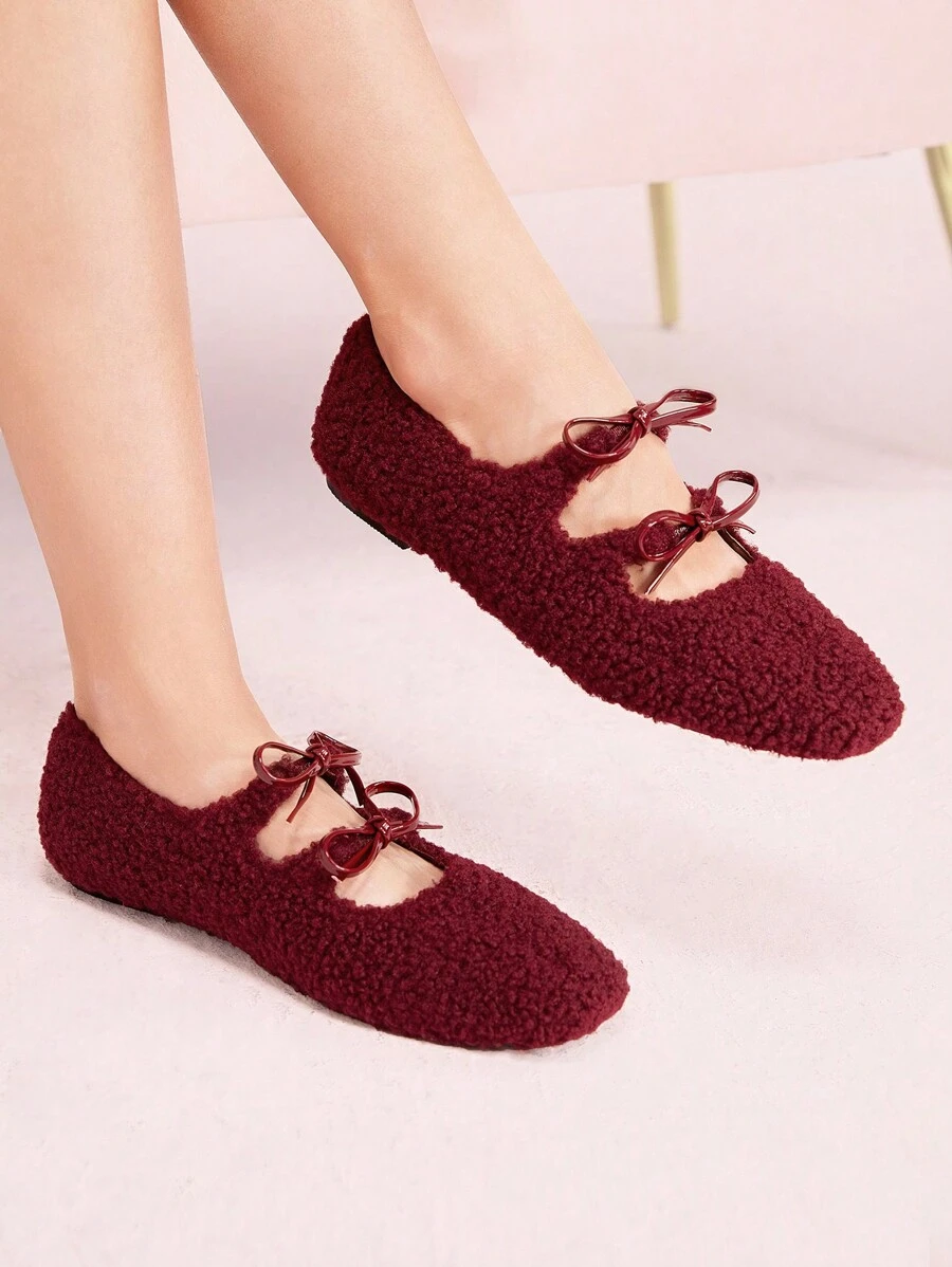 CUCCOO DOLLMOD Women Square Toe Fluffy Red Mary Jane Flat Shoes With Bow, Simple & Stylish, Cute Design Valentines - Red - View 1
