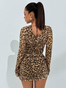 SHEIN BAE Vestido con mangas largas y cuello fruncido, estampado de textura abstracta y pliegues, adecuado para citas, uso diario, fiestas, clubes, atuendo elegante para mujer en otoño