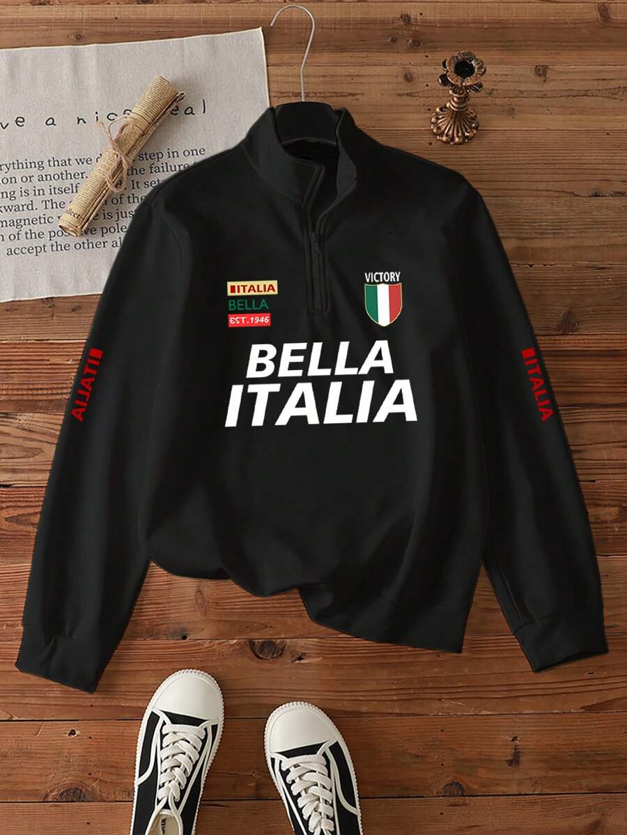 Manfinity Campus Court 男士字母印花休闲时尚四分之一拉链套头卫衣，秋季款，长袖上衣 - 黑色 - 查看 1