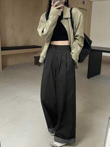 DAZY Women's Loose Patchwork Striped Pockets Wide Leg Pants - Dark Grey - View 7