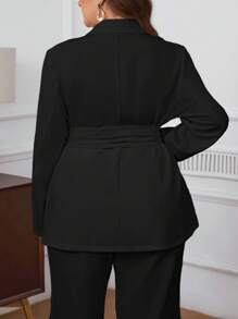 SHEIN Privé Áo khoác cardigan dài tay cổ chữ V sâu không đối xứng cỡ lớn cho nữ, buộc eo, trang phục thường ngày làm việc màu trắng, mùa thu/đông - màu đen - Xem 2