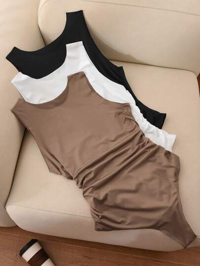 CosyJoli 3 Pcs/Set Women's Plus Size Pleated Sleeveless Bodysuit