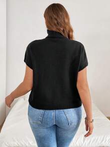SHEIN VCAY Plus Size Floral Applique Turtleneck Elegant Short Sleeve Sweater - Black - View 2