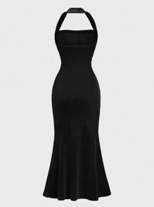SHEIN Girlism Tween Girls Solid V-Neck Sleeveless Ruched Waist Velvet Elegant Party Dress Mermaid Halter Neck Dress