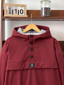 SHEIN 青少年男孩休闲字母印花贴片半襟长袖连帽夹克，春秋季 - 酒紅色 - 查看 7