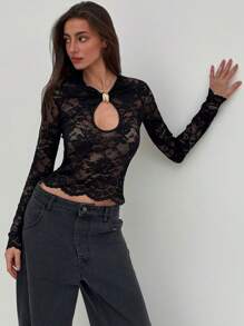 Aloruh 女士镂空长袖蕾丝上衣，性感又时尚 - 黑色 - 查看 1
