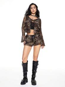 ROMWE Grunge Punk Ensemble de short court et de cardigan avec dentelle imprimé guépard Y2K. Hauts à manches longues avec nœud papillon pour femmes - Tabac - Voir 6