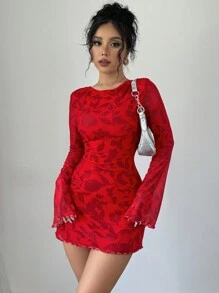 SHEIN Essnce 大码女装春夏新款节日时尚休闲通勤优雅节日女装感恩节服装感恩节连衣裙新年服装圣诞派对连衣裙新年连衣裙感恩节女装红色网眼印花碎花面料喇叭长袖短裙加大圣诞连衣裙红色圣诞连衣裙节日派对连衣裙加大红色女装节日连衣裙 - 紅色 - 查看 7