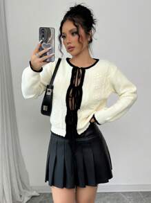 Selianne Bow Knitted Cardigan, Casual And Fashionable For Daily Wear - Beige - View 1