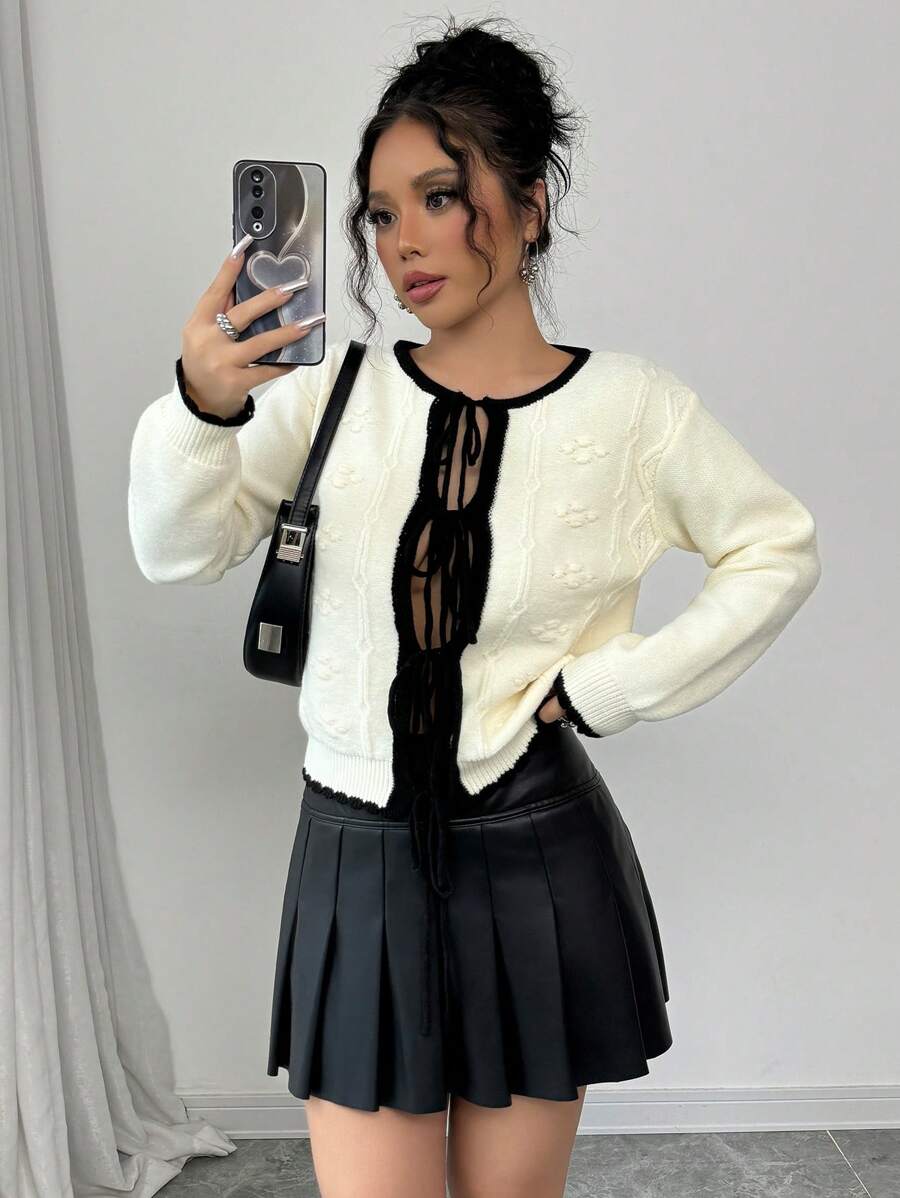 Selianne Bow Knitted Cardigan, Casual And Fashionable For Daily Wear - Beige - View 1