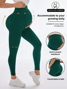 SHEIN 孕妇纯色无缝紧身 3/4 运动打底裤，适合孕妇 - 墨綠色 - 查看 1