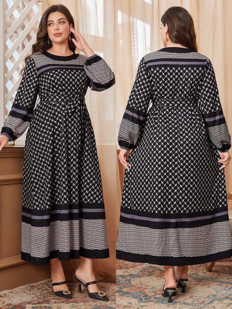 Mulvari Plus Size Arabian Patchwork Retro Luxurious Modest Long Sleeve Dress - Black - View 1