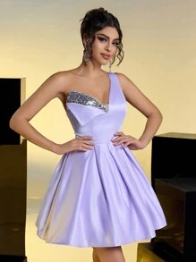 SHEIN Belle Elegant Romantic Purple Satin Sequins One Shoulder Princess Dress Adjustable Back Strap Date Birthday Party Wedding Event Bachelor Party Prom Dress, Wedding Guest Dress - Pink - View 8
