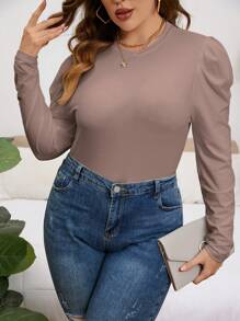 SHEIN Privé 大码女式纯色圆领泡泡袖休闲 T 恤，秋季 - 卡其色 - 查看 5