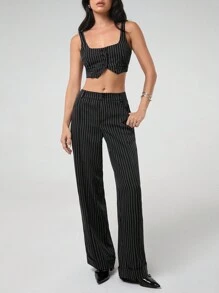 SHEIN EZwear Women's Casual Black Stripe Crop Top And Pants Set