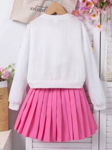 SHEIN 2pcs Tween Girl Set, Knit Cardigan, White Long Sleeve Top With Handmade Flower Decor & Pink Pleated Skirt, Cute Everyday Casual Outfit, Spring/Autumn